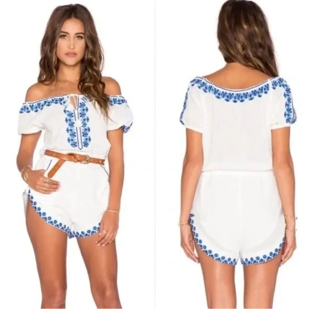 Spell Santorini White Romper with Blue Embroidery